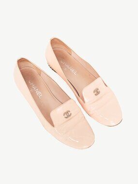 Chanel 16C Pink Patent Leather Pearl-Heel CC Loafers